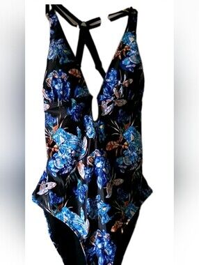 Deep Blue Floral One-Piece Swimsuit with Strappy Back
